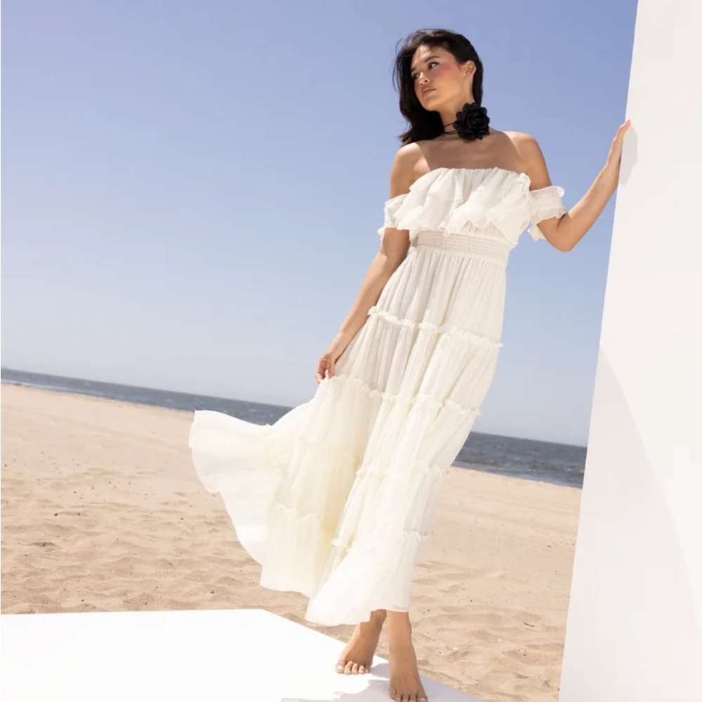 Ivory Off-the-Shoulder Ruffled Maxi Dress
